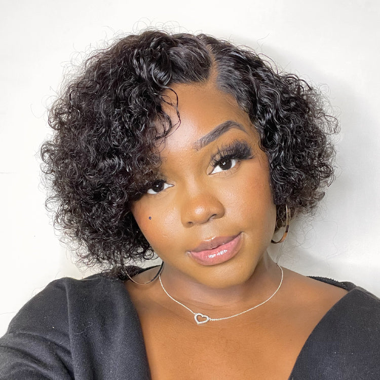 MATURE BOSS SHORT PIXIE CUT WATER WAVE GLUELESS MINIMALIST HD LACE WIG WITH BANGS
