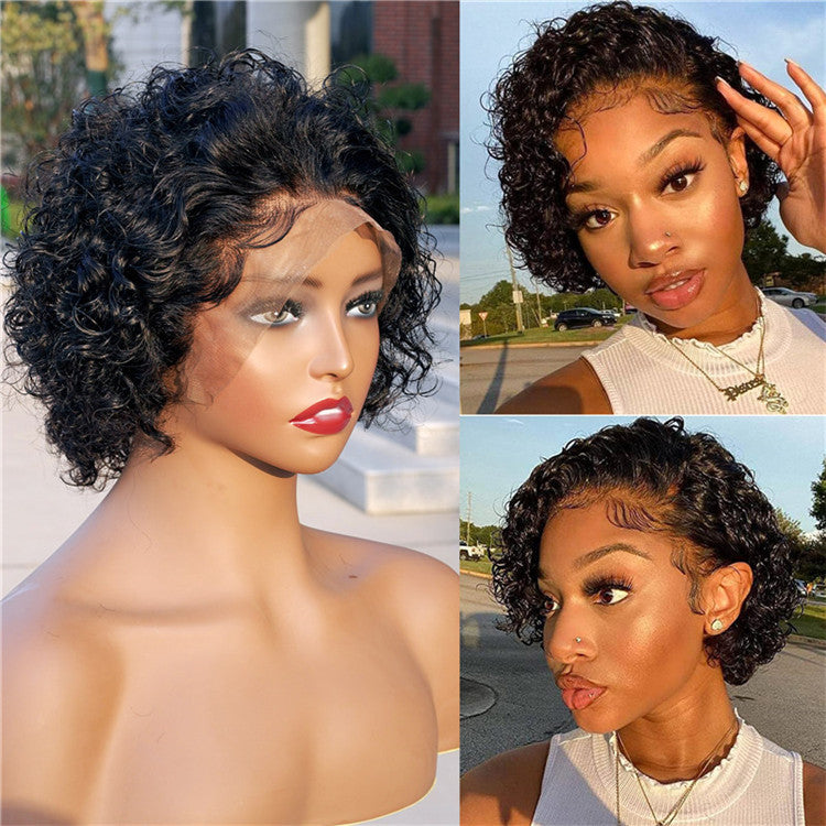 MATURE BOSS SHORT PIXIE CUT WATER WAVE GLUELESS MINIMALIST HD LACE WIG WITH BANGS