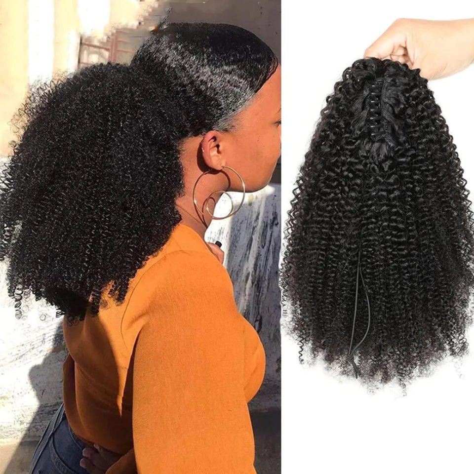 18” Natural Girl’s Human Hair Kinky Ponytail Curly Clip in Hair type 4c