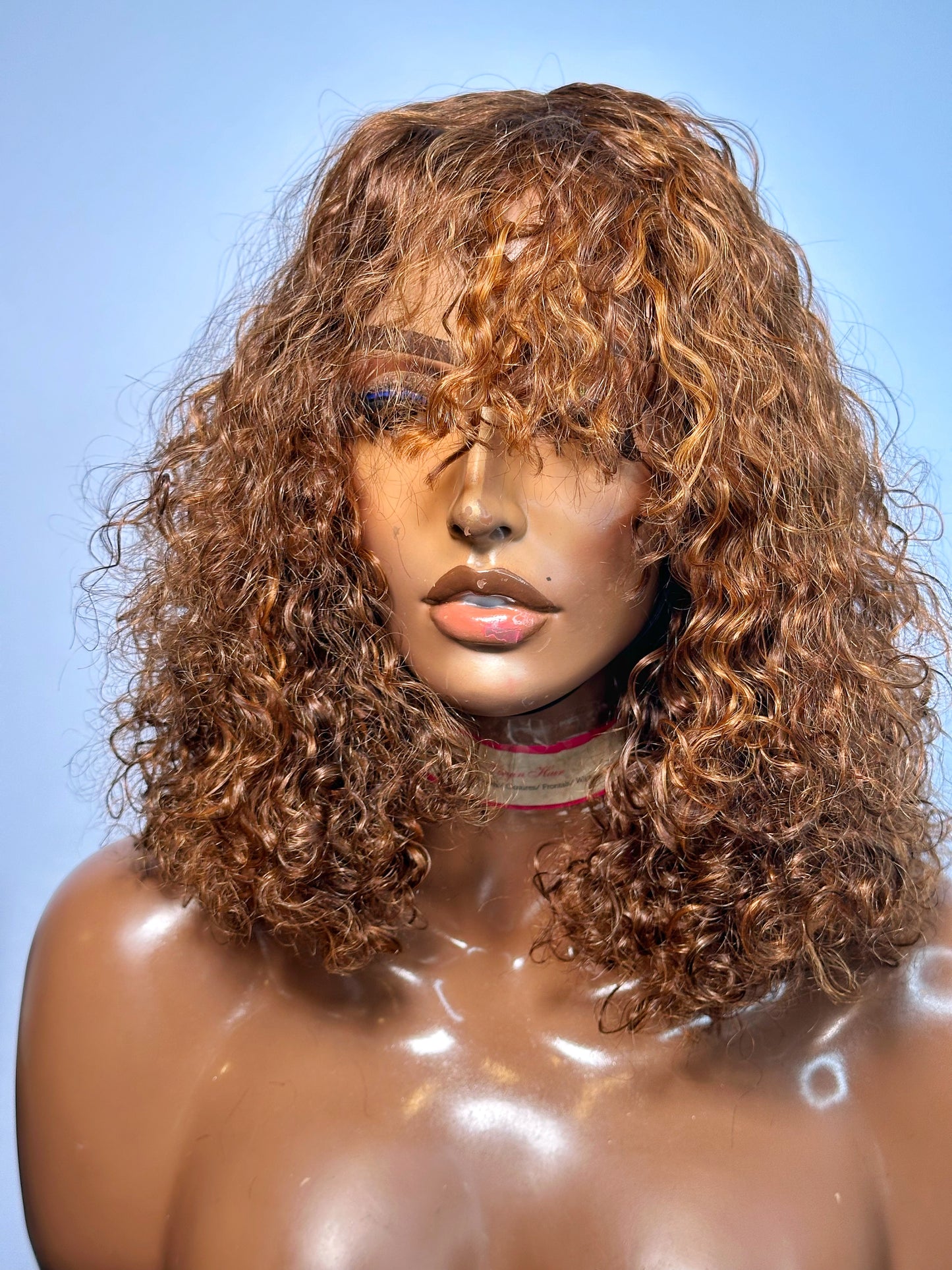 Messy Curly Wig With Bang No Lace Fringe Highlight Super Curly Wig 12”