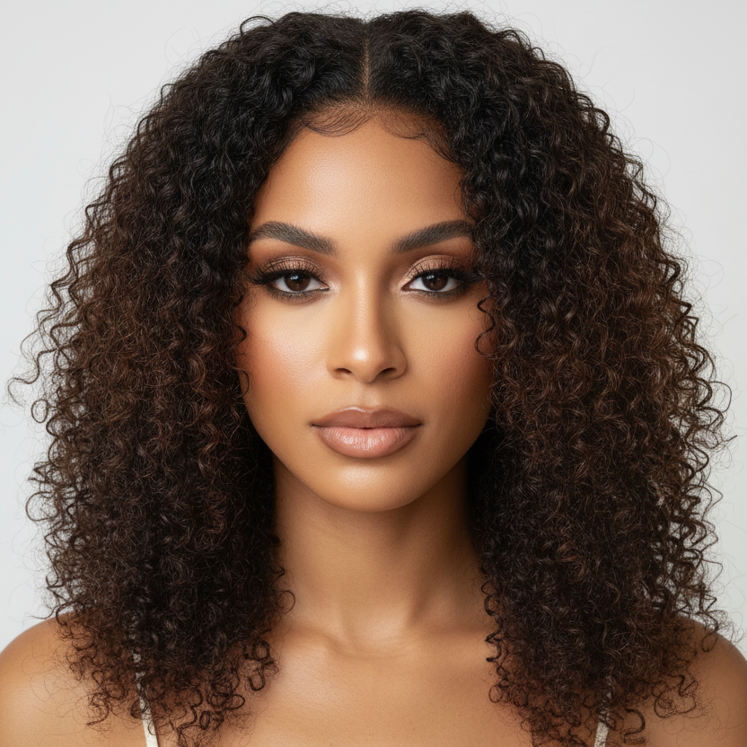 Woman with curly hair wearing a white top against a gray background