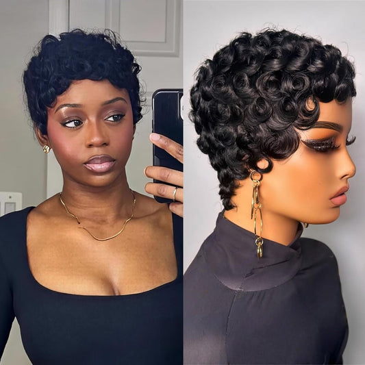 Short Pixie Cut Wig for Women Human Hair Curly Wave Pixie Wigs for Black Women None Lace Front Glueless Wig for Daily Use,Short Wigs for Women Human Hair (Black) Curly Pixie Cut Wig – Soft Defined Curls | Glueless & Beginner-Friendly
