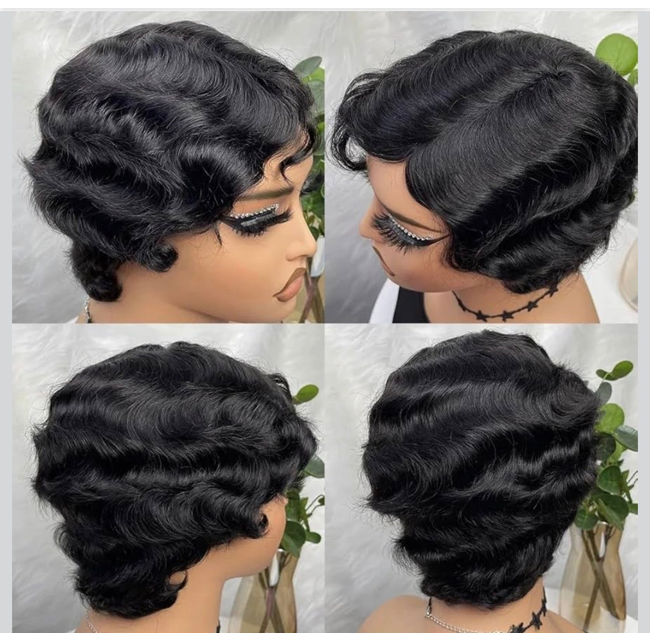 Short Pixie Cut Wigs For Black Women Brazilian Human Hair Wigs Finger Ocean Wave Human Hair, Natural Black