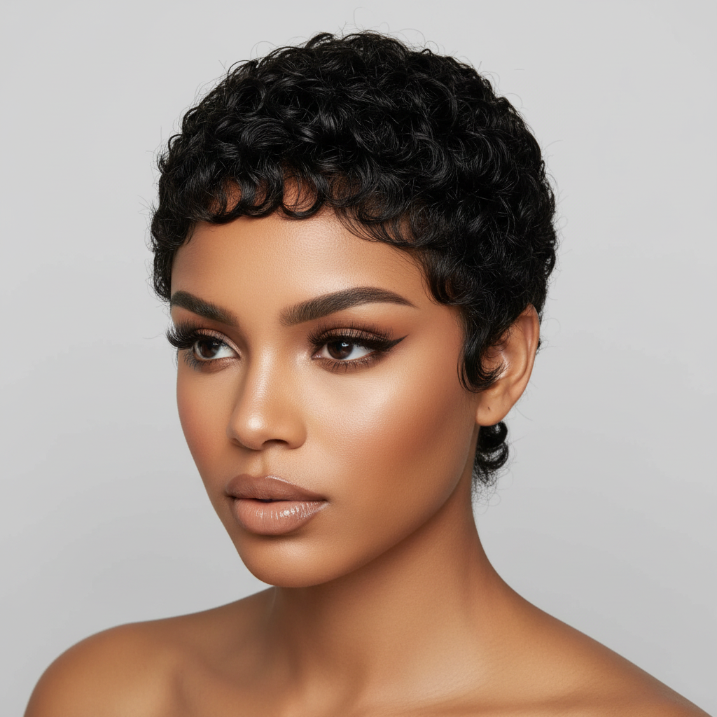 Mannequin head with a black curly wig against a neutral background