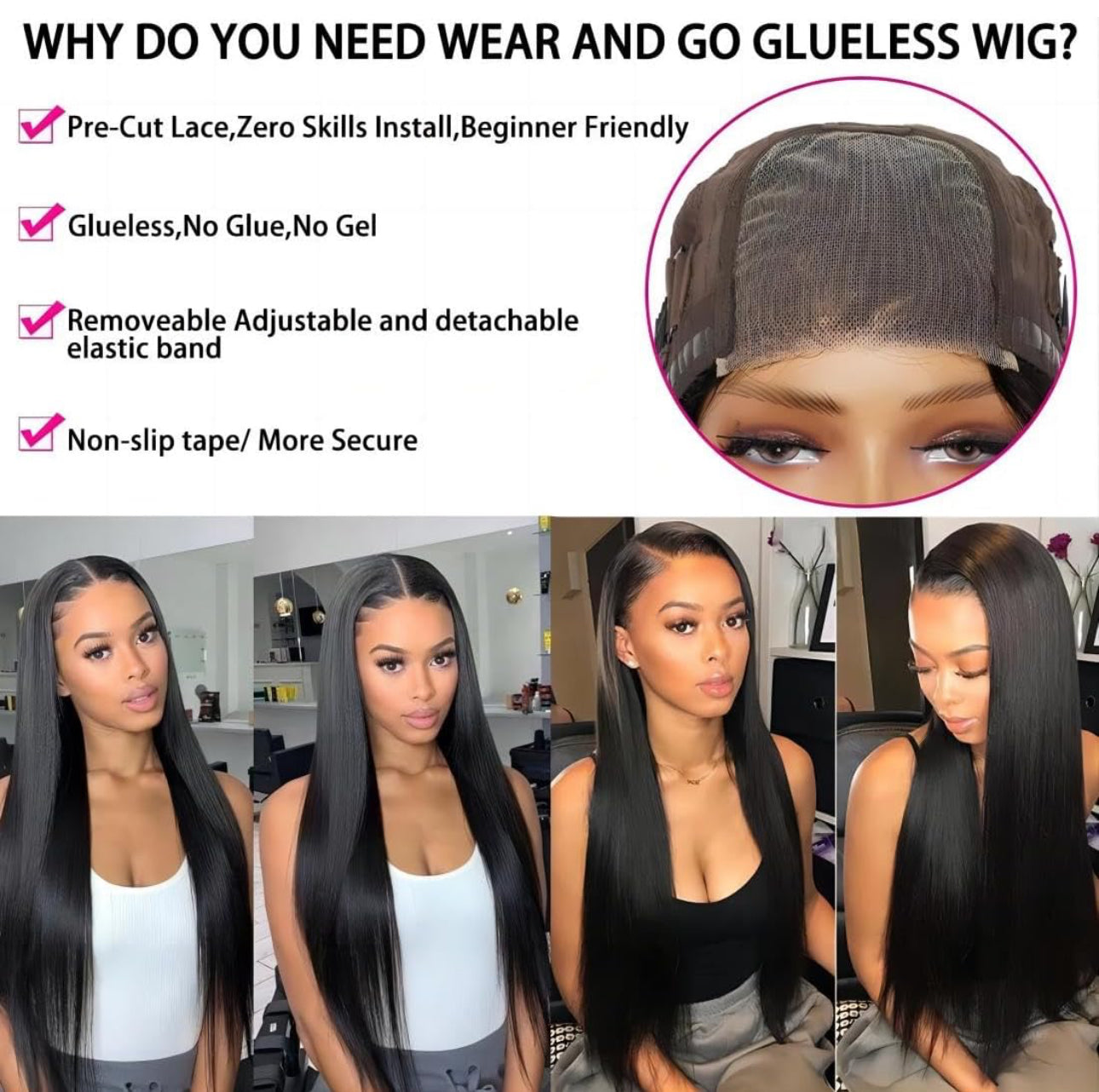 26” Super Sleeky Straight Glueless 4*4 wig