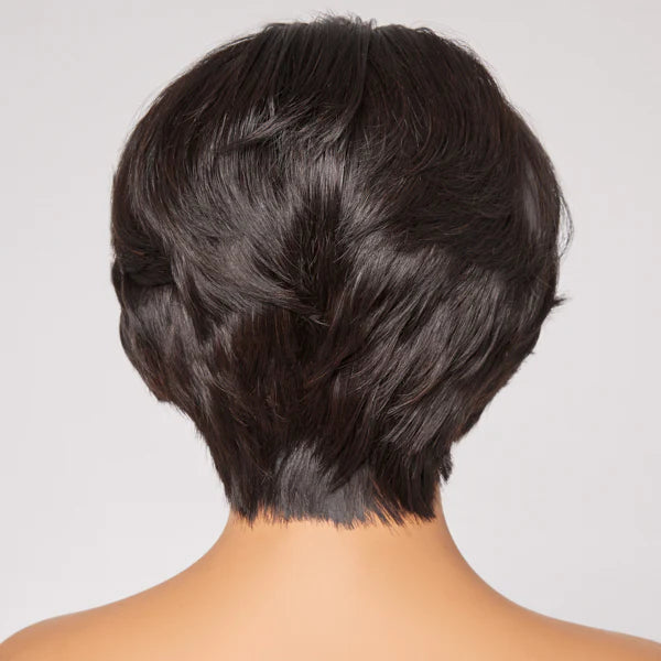 MATURE BOSS NATURAL BLACK PIXIE CUT GLUELESS 13X4 FRONTAL LACE C PART SHORT WIG 100% HUMAN HAIR