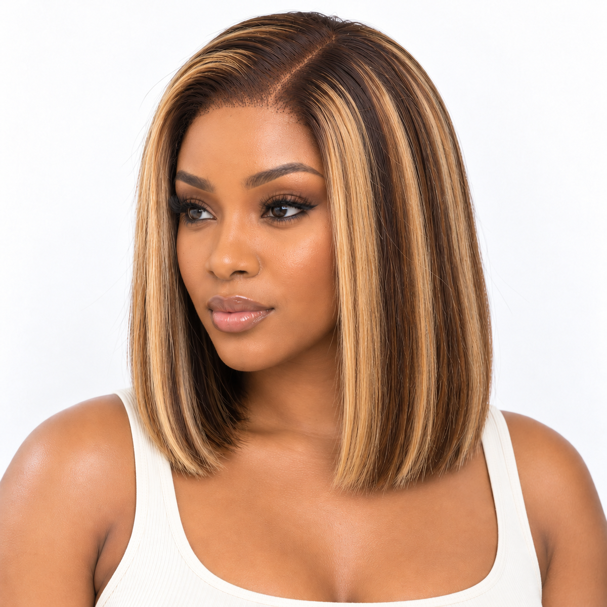 Three-quarter view of brown and honey highlighted Vietnamese bob wig with full ends