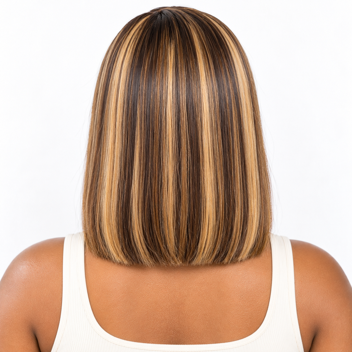 Back view of super double drawn 12-inch Vietnamese bob showing thick blunt ends