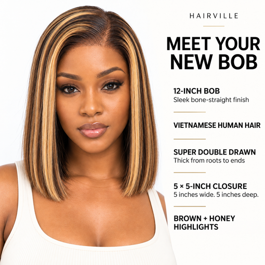 Hairville bob features: 12-inch Vietnamese human hair, super double drawn fullness, and a 5 by 5 inch closure