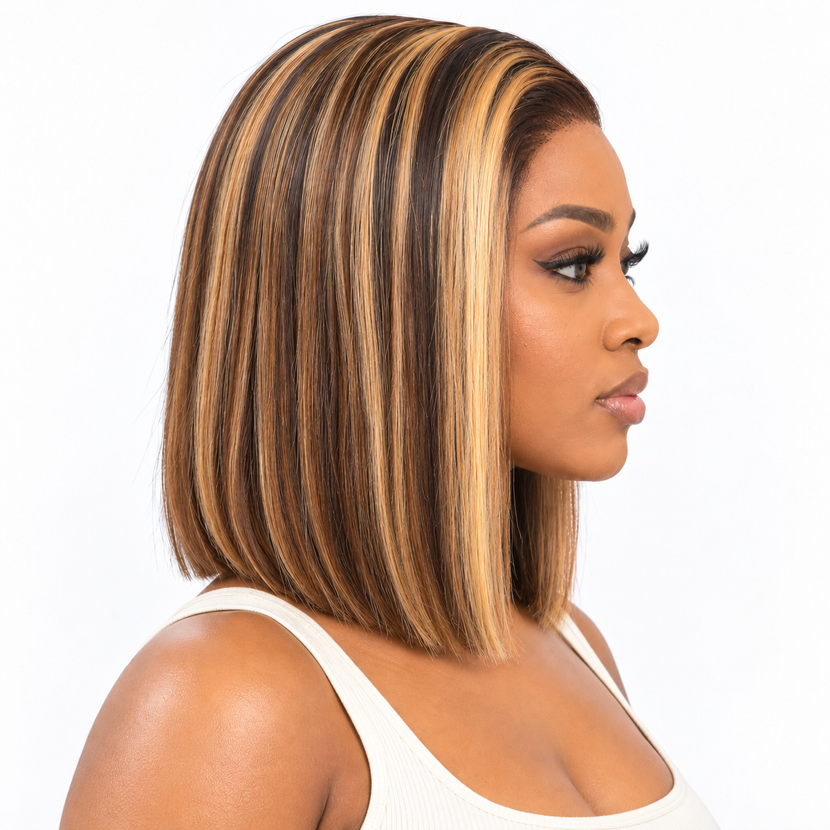 Side view of highlighted 12-inch bone straight closure bob with hair draped over the temple