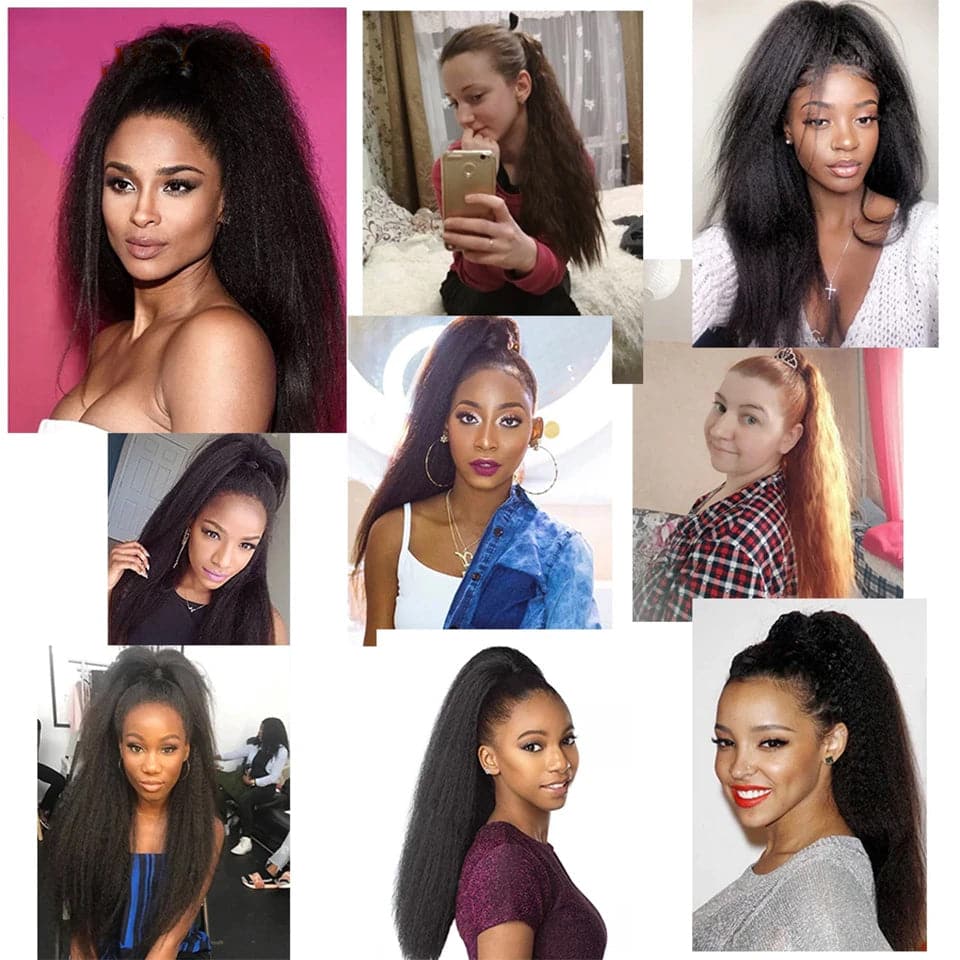 20” Kinky Straight Wrap Around Ponytail Human Hair Brazilian Extensions For Women