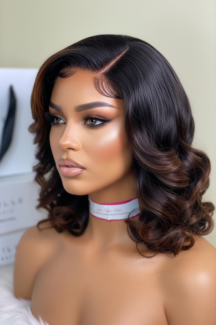 Woman wearing a brown wig on a mannequin head with a blurred background