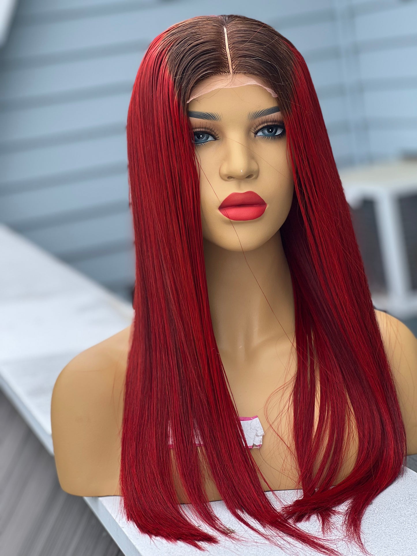 20” Burgundy bone straight closure wig