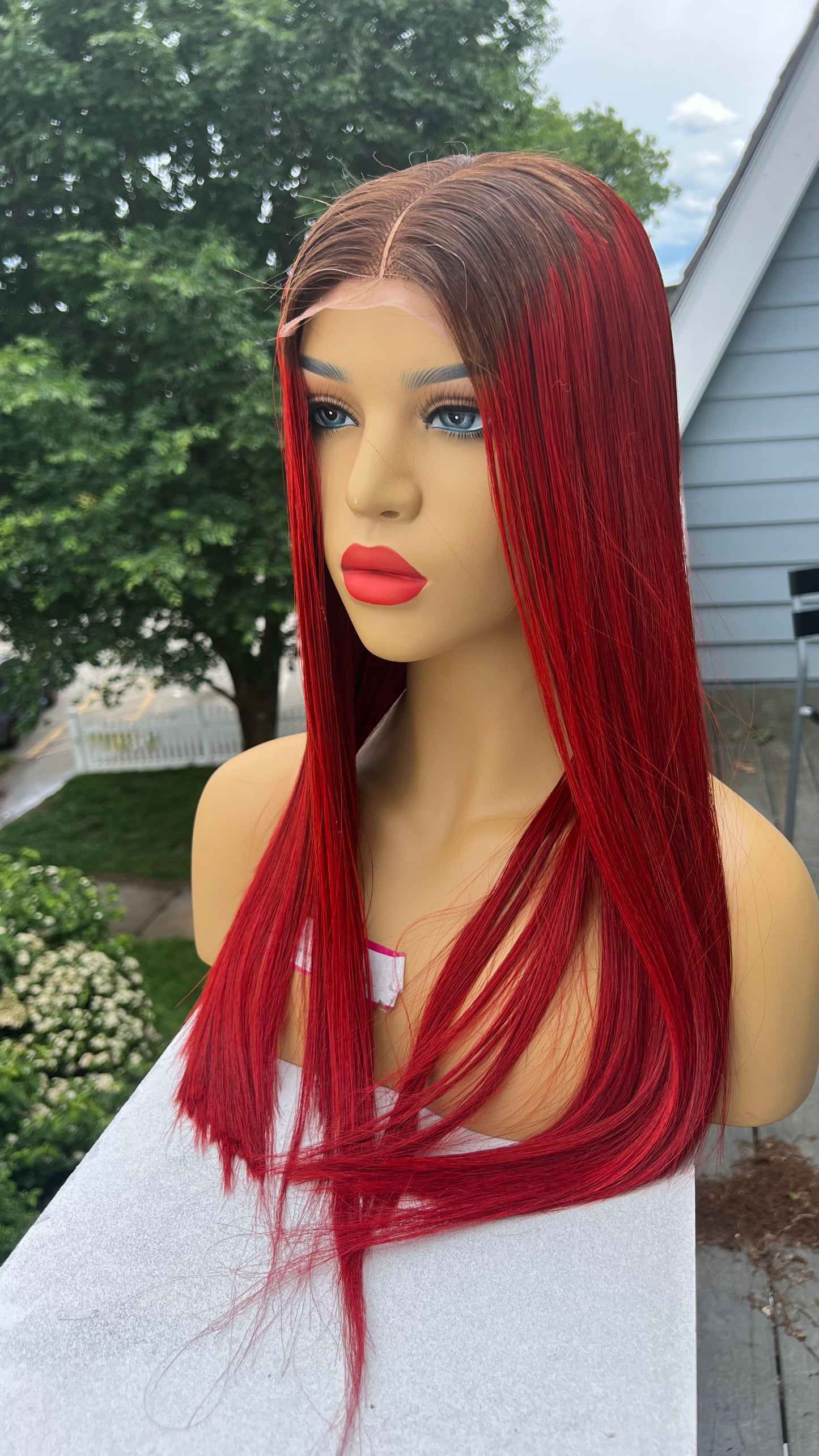 20” Burgundy bone straight closure wig