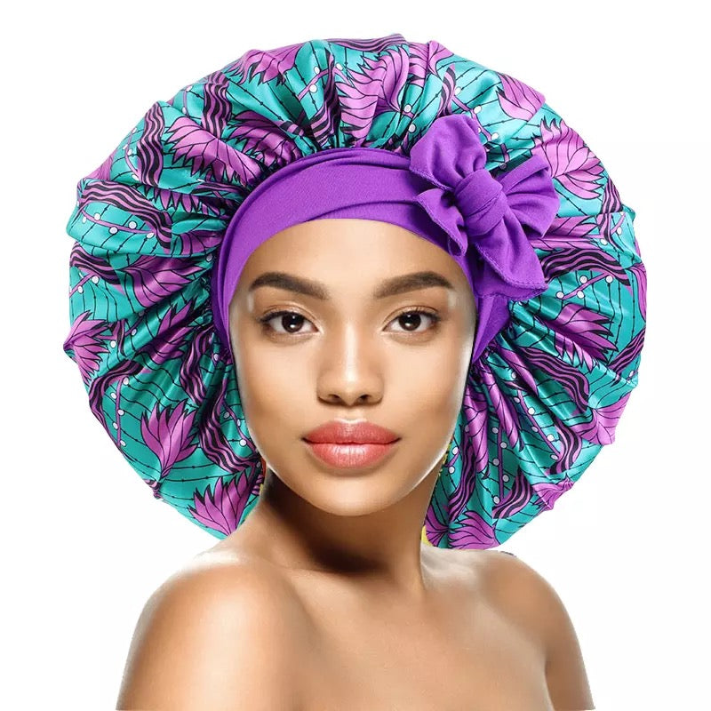 Wide Band Large Satin Bonnet Sleeping Cap Women African Pattern Ankara Print Hat Adjustable Night Sleep Cap Soft Headcover